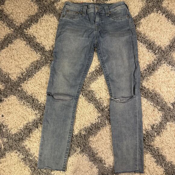 True Religion Super Skinny Knee Slit Blue Jeans Women's Size 28‎ - Picture 1 of 9